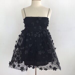 Trixxi black coquette minidress shear flower appliquéd lined, straps, small NWT